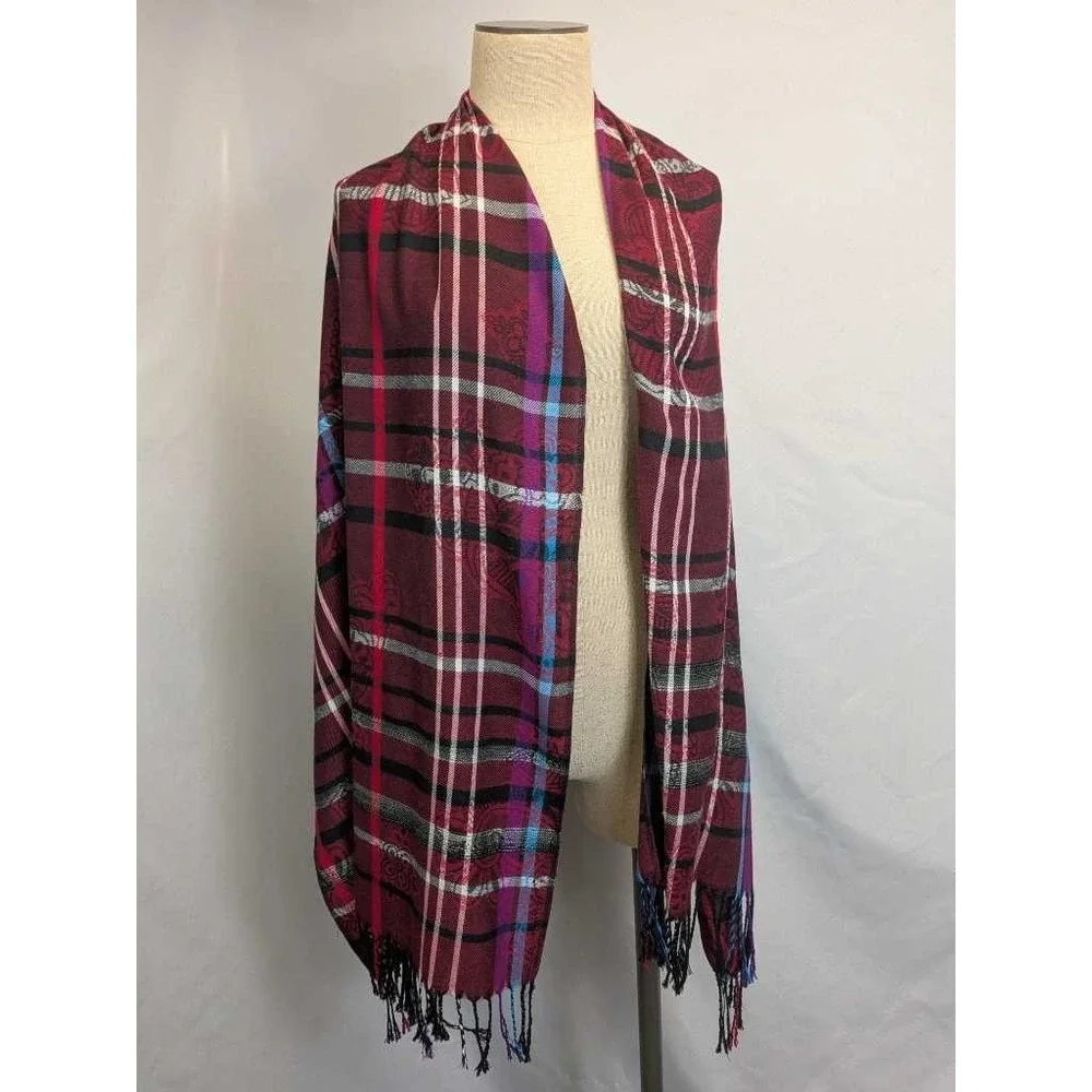 Burgundy Plaid Paisley Scarf Wrap Shawl - Warm Fashion Accessory